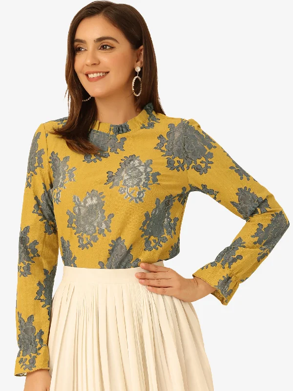 See Through Ruffle Frill Neck Long Sleeve Floral Lace Blouse