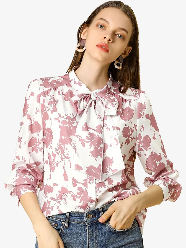 Bow Tie Long Sleeve Contrast Color Vintage Floral Blouse