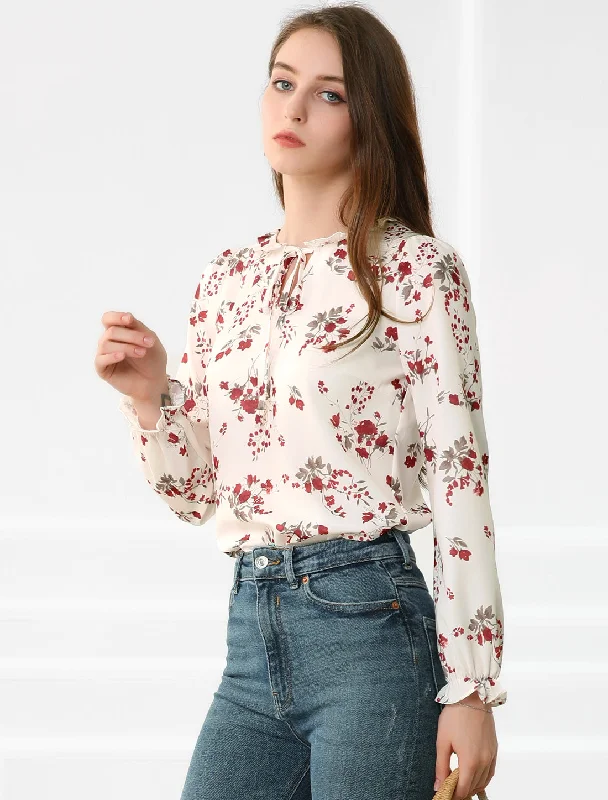 Floral Tie Neck Long Sleeve Frilly Trim Keyhole Casual Chiffon Blouse