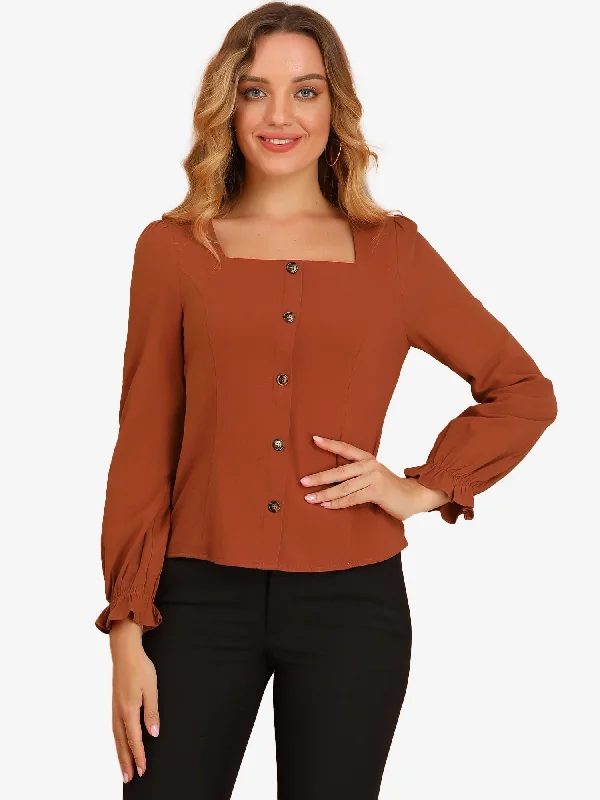 Elegant Square Neck Button Decor Ruffle Cuff Long Sleeve Blouse Tops