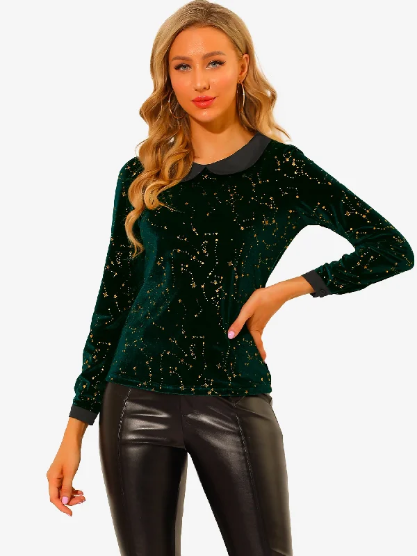 Peter Pan Collar Long Sleeve Stars Printed Velvet Blouse