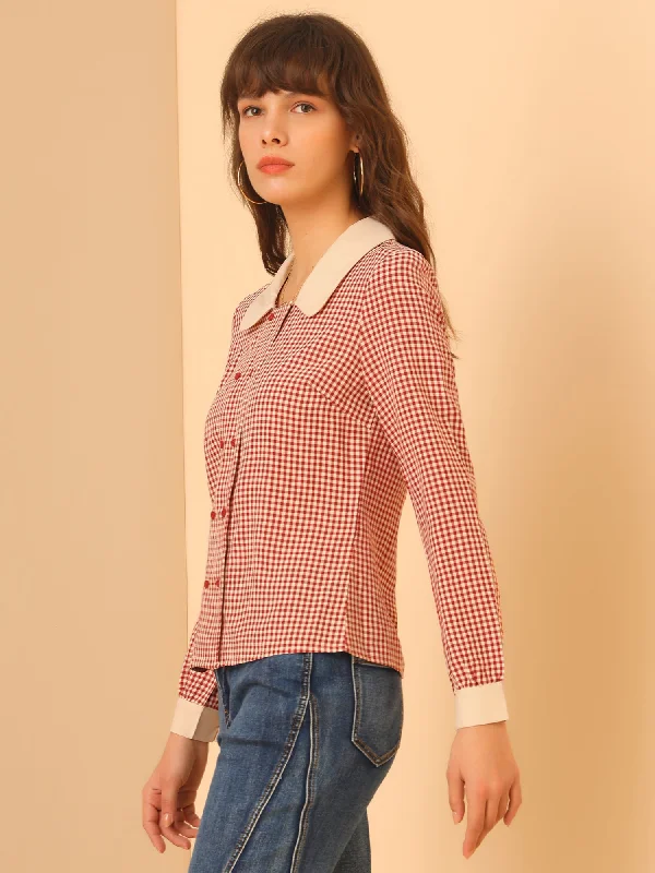 Contrast Peter Pan Collar Gingham Long Sleeve Button Down Blouse