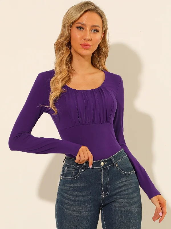 Scoop Neck Long Sleeve Solid Bust Ruched Casual Fitted Top