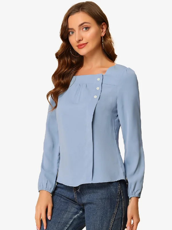 Long Sleeve Casual Solid Square Neck Top