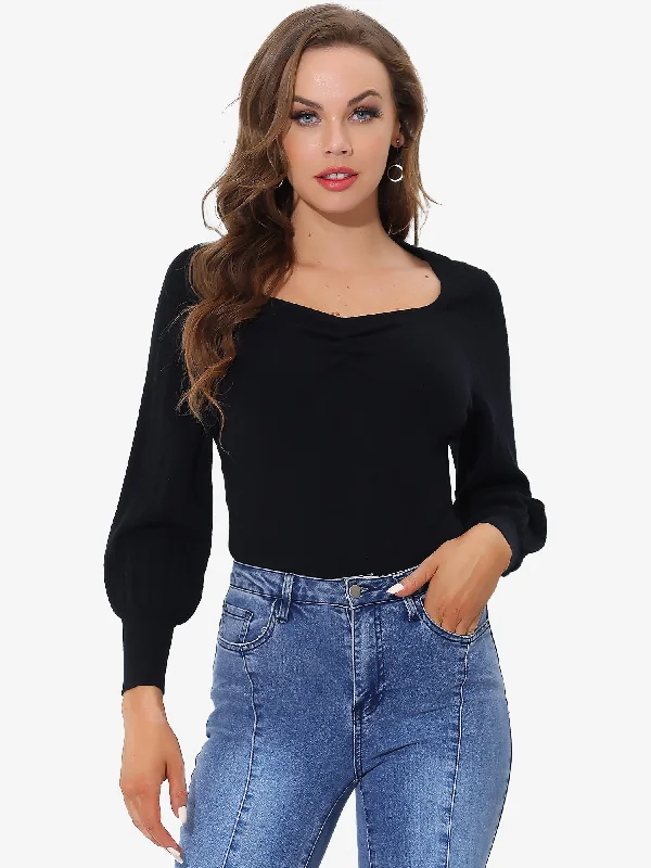 Lantern Sleeve Square Neck Slim Fitted Long Sleeve Casual Knit Tops