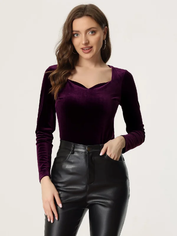 Casual Velvet Long Sleeve Solid Color Sweetheart Neck Blouse