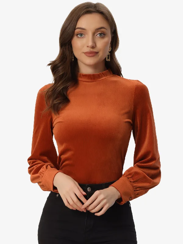 Elegant Velvet Crew Neck Puff Long Sleeve Rib Velour Blouse