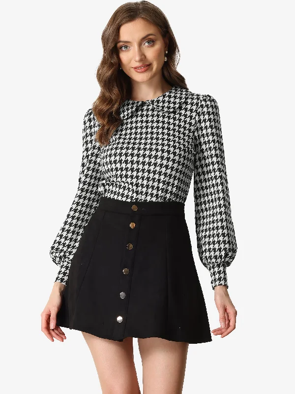 Peter Pan Collar Houndstooth Plaid Long Sleeve Button Back Blouse