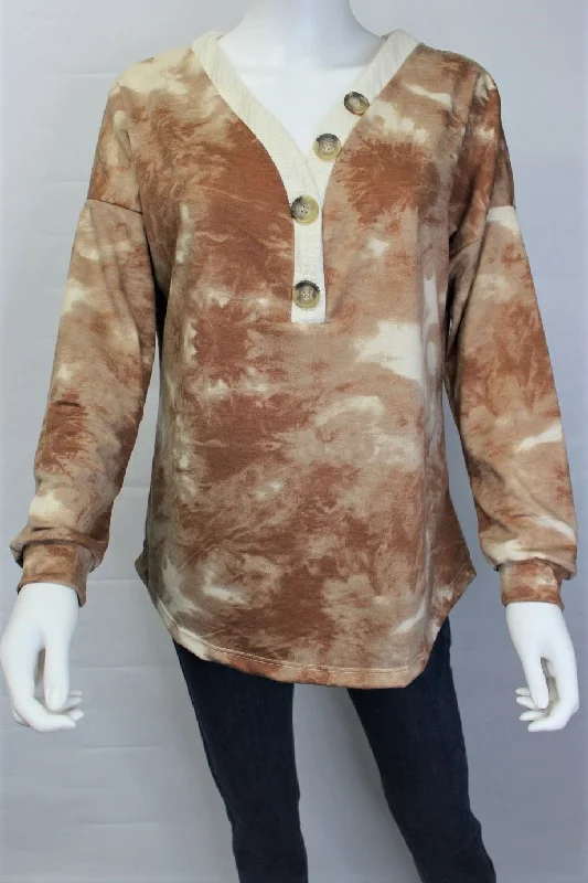 Women's Long Sleeve Tie Dye Top With Button Detail