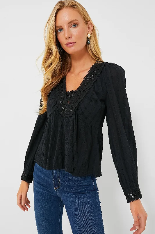 Black Charlotte Embroidery Long Sleeve Top