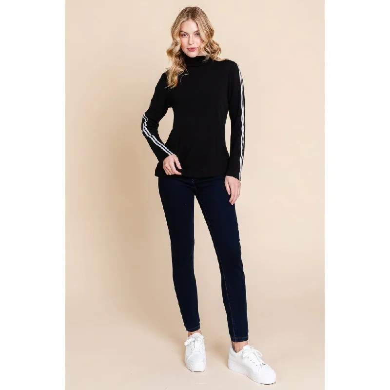 Black Polyester Solid Mock Neck Casual Top with Long Sleeve