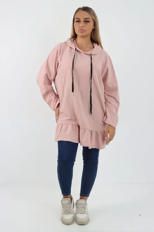 Frill Hem Long Sleeve Hooded Top