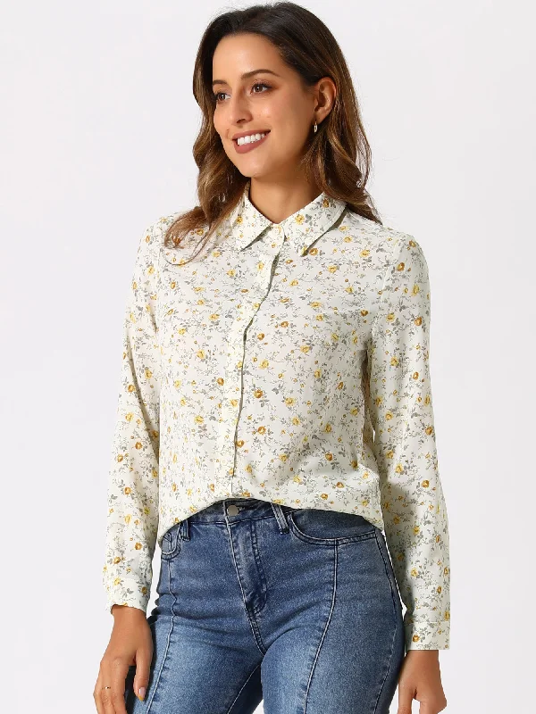 Button Down Floral Long Sleeve Point Collar Blouse