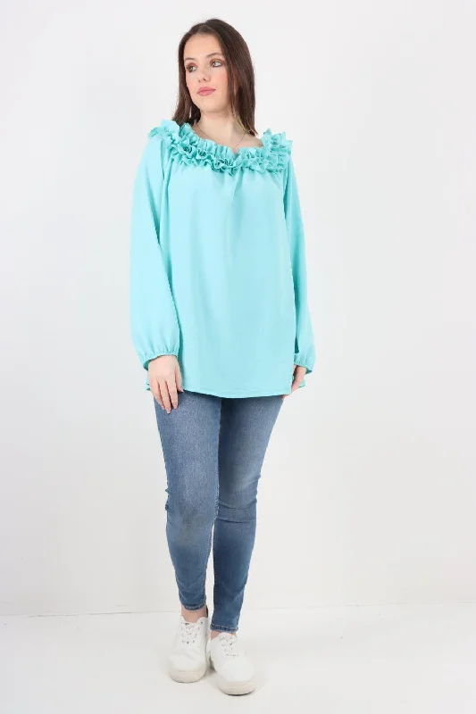 Ruffled Neck Off The Shoulder Long Sleeve Top