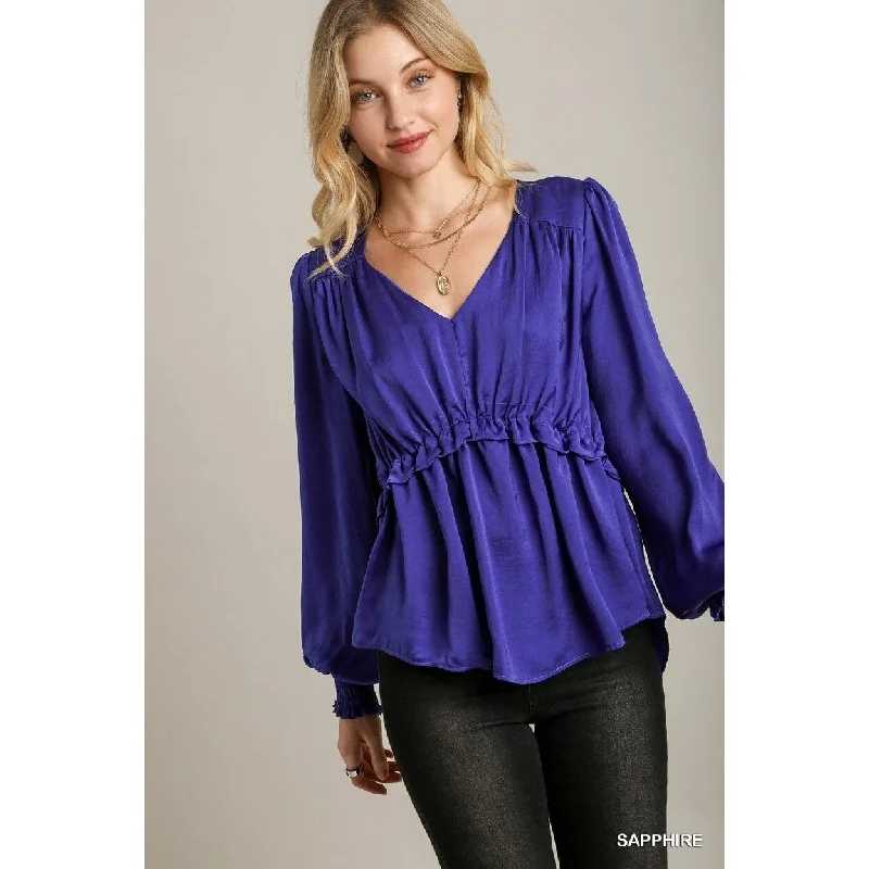 Satin VNeck Ruffle Baby Doll Top With Cuffed Long Sleeve