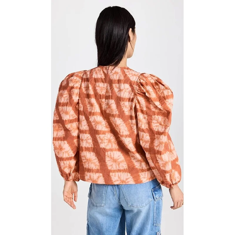 Ulla Johnson Womens Eliza Long Sleeve Hand Dyed Diamond Shibori Cotton Blouse Sequoia