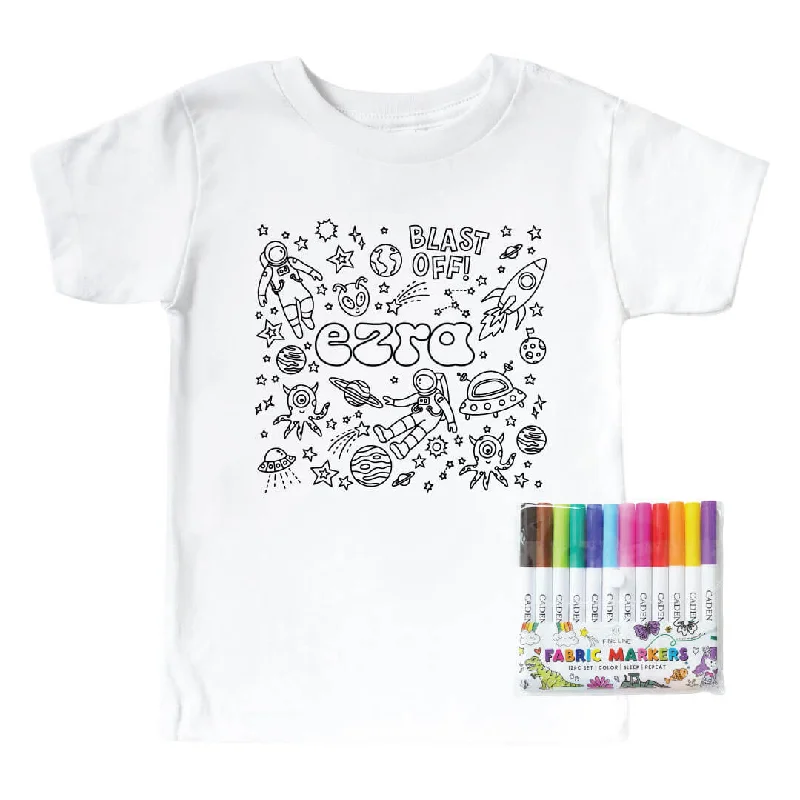 Colorable Blast Off Personalized Kids Graphic Tee | White