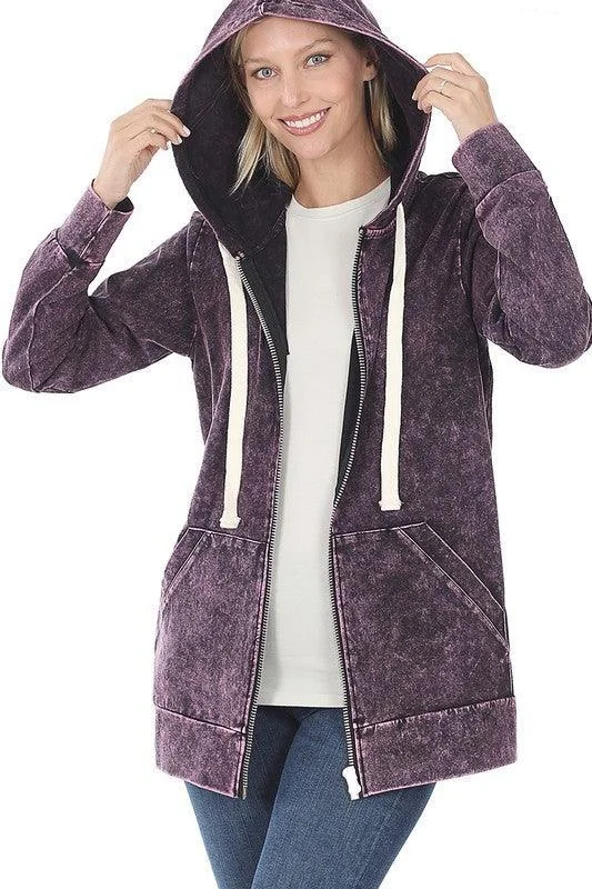 Womens Mineral Wash Zipper Hoodie Jacket