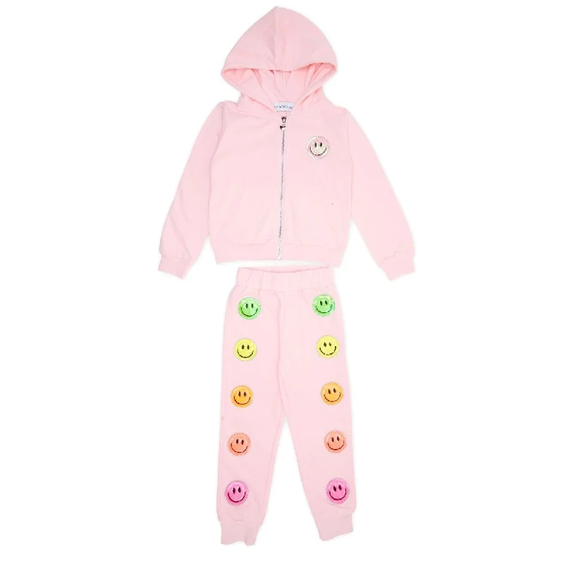 HAPPY SEQUIN SMILEY FACE ZIP UP HOODIE AND SWEATPANTS SET