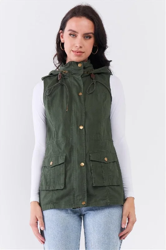 Olive Military Sleeveless Detachable Hoodie Vest Jacket