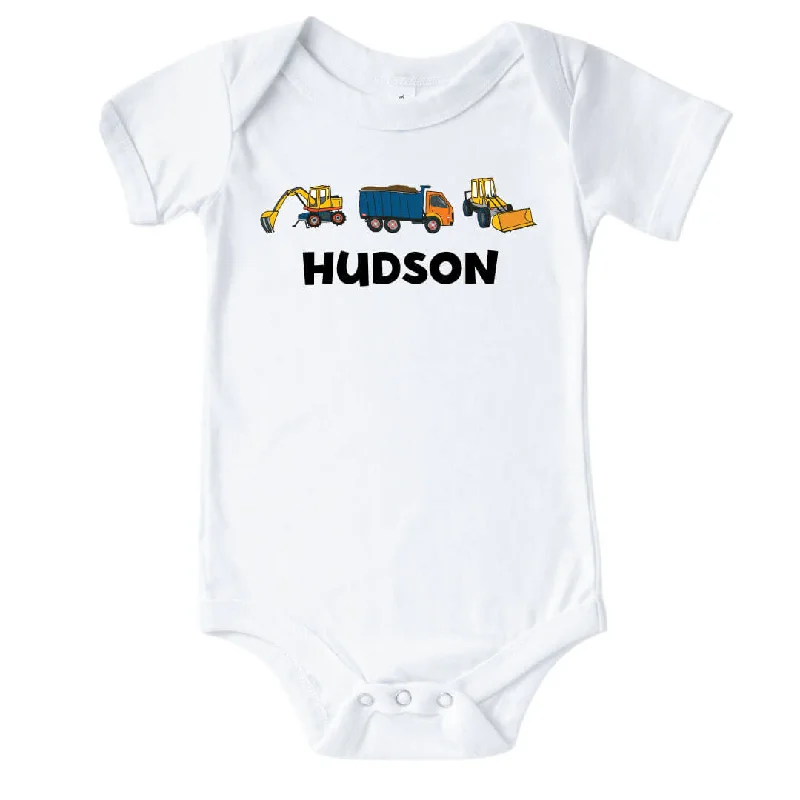 Personalized Construction Trucks Graphic Bodysuit | White