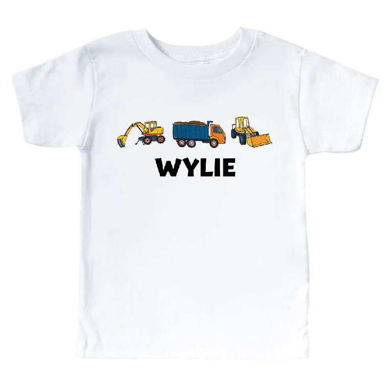 Personalized Construction Trucks Kids Graphic Tee | White