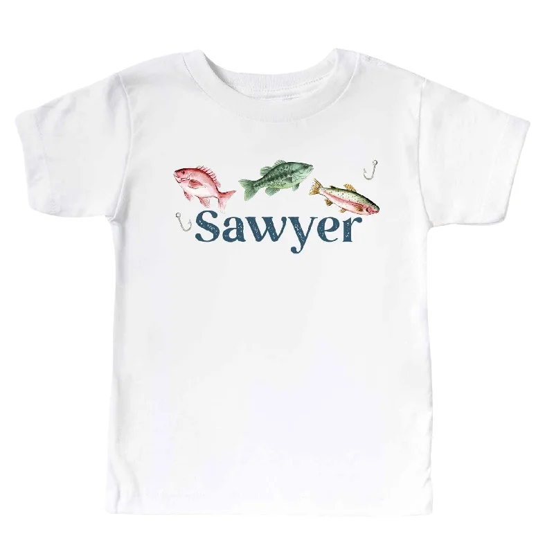 Personalized Gone Fishing Kids Graphic Tee | White