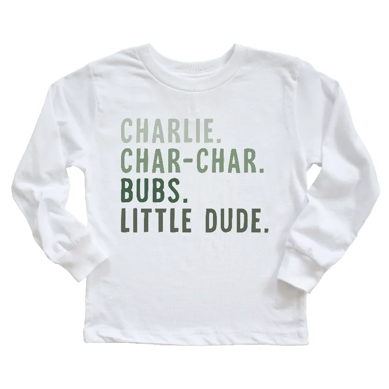 Personalized Green Nickname Kids Graphic Long Sleeve Tee | White