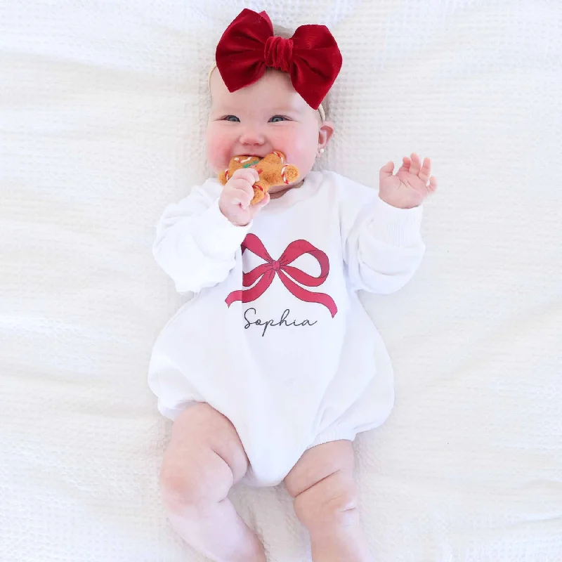 Personalized Red Bow Graphic Sweatshirt Bubble Romper | White