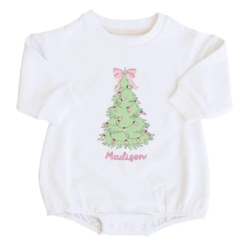 Personalized Tree Bow Graphic Sweatshirt Bubble Romper | White