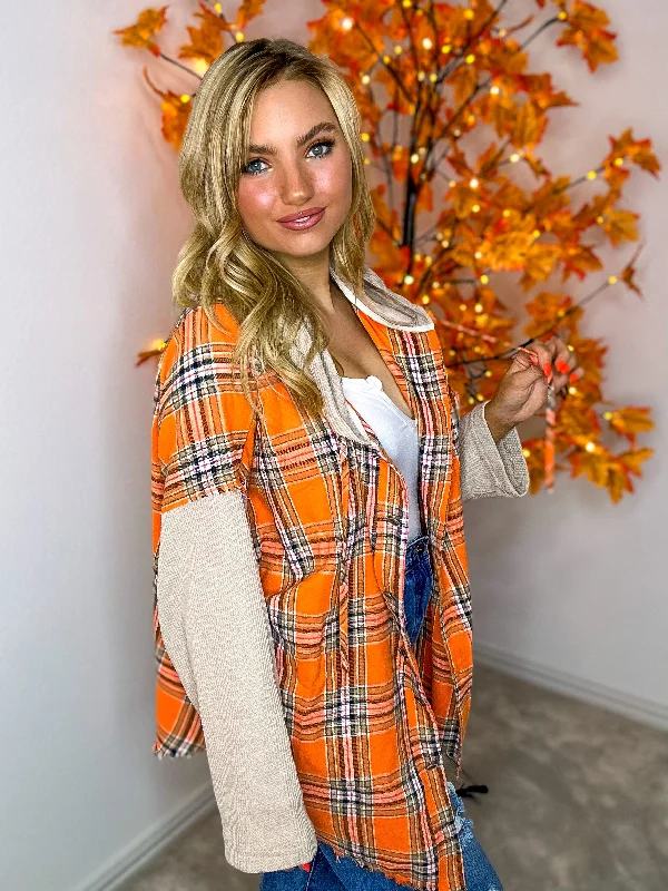 Pumpkin Spice Plaid Hoodie Shacket - Orange/Multi