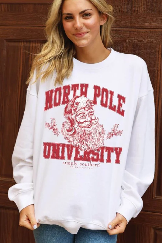 Simply Southern North Pole University Sweatshirt for Women in White | CREW-NORTHPOLE-WHITE