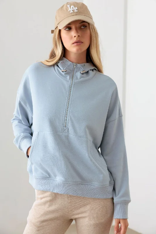 Blue Cotton Half Zip Drawstring Mock Neck Hoodie Top