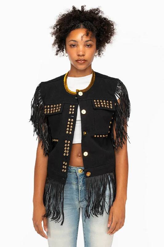 WOMENS STUDDED FRINGE VEST IN BLACK