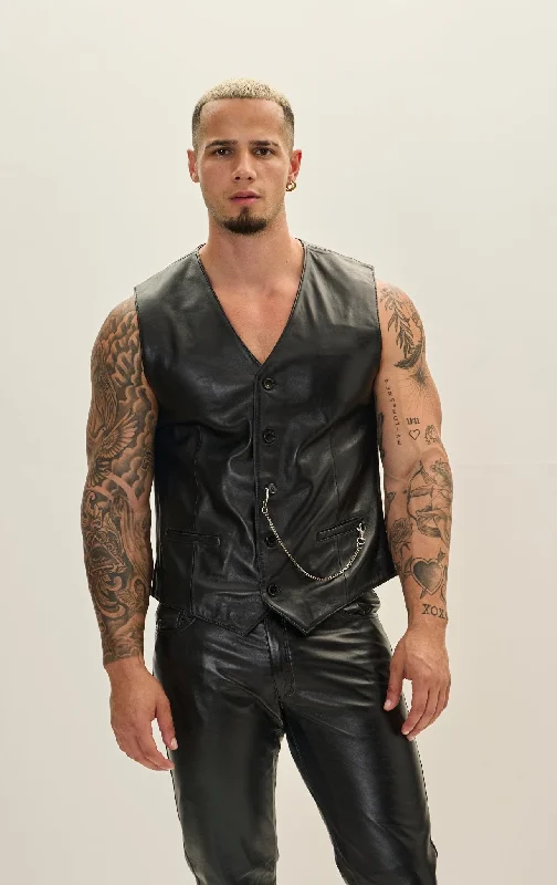 Button Down Leather Vest - Black