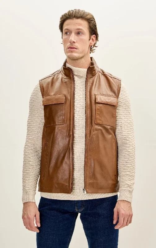 Genuine Leather Utility Pockets Vest - Brown