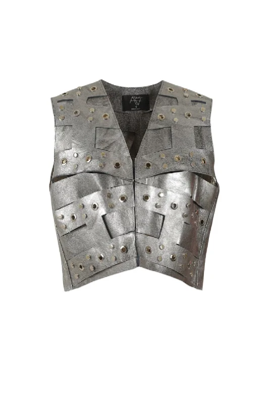 AIDEN STUDDED LEATHER VEST WASHED SILVER