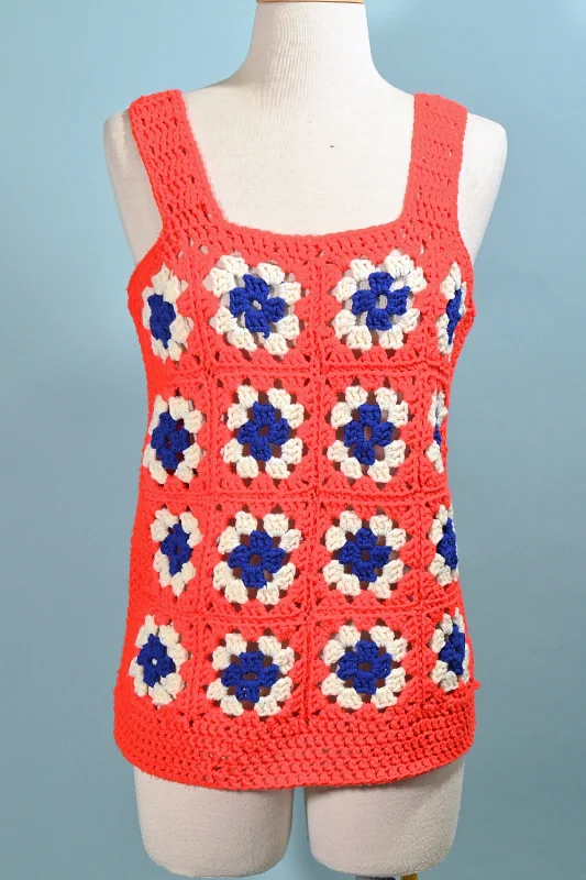 Vintage 70s Granny Square Crochet Top, Americana Cottagecore Handmade OOAK Vest